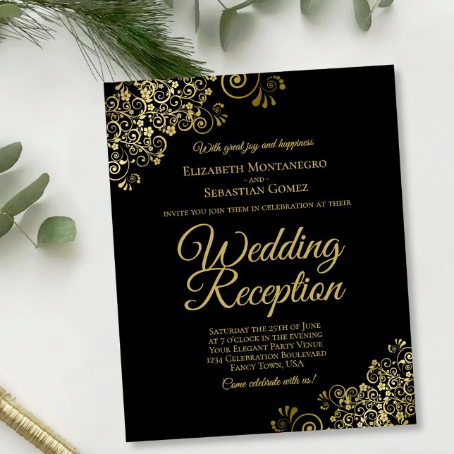 Gold Curls Black Wedding Reception BUDGET Invite (Creator Uploaded)
