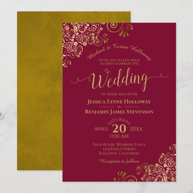 Gold Curls Burgundy Maroon Elegant Formal Wedding Invitation (Front/Back)