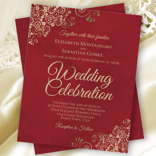 Gold Curls Crimson Red BUDGET Wedding Invitation (Creator Uploaded)