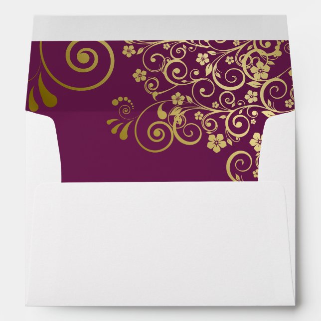 Gold Curls Magenta Plum Inside Elegant Wedding Envelope (Back (Bottom))