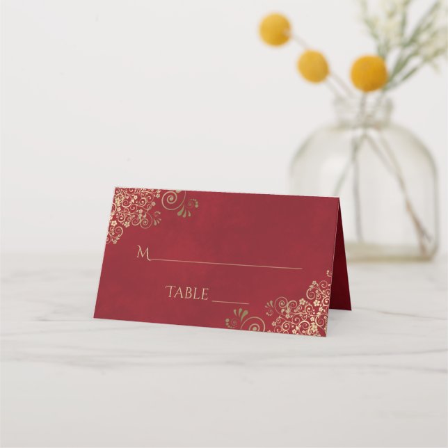 Gold Curls on Crimson Red Elegant Wedding Write-In Place Card (Front)