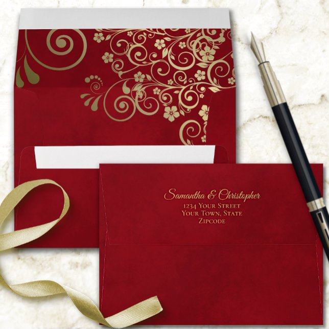 Gold Curls on Marbled Crimson Red Elegant Wedding Envelope (Creator Uploaded)