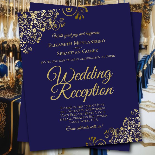 Gold Curls on Navy Wedding Reception BUDGET Invite (Front/Back)