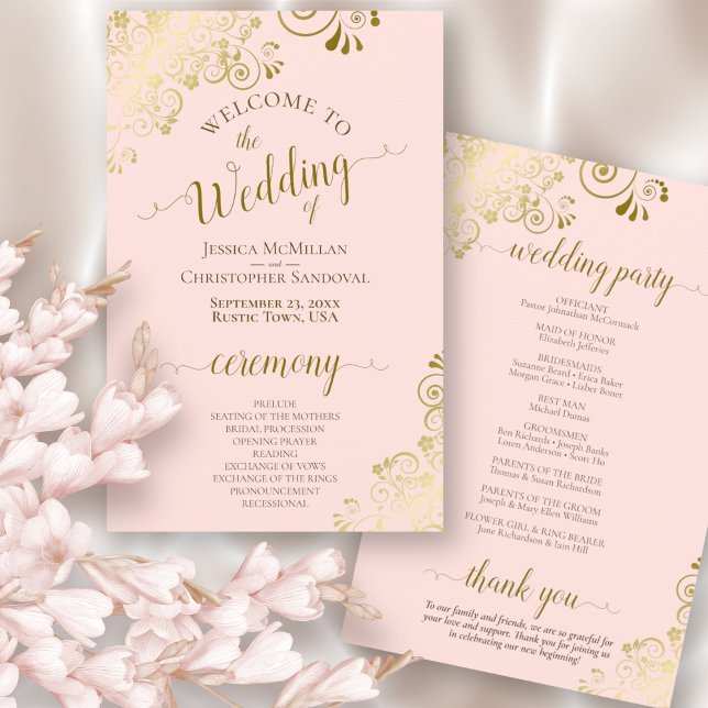 Gold Curls on Pink Elegant Budget Wedding Program (In Situ Front and Back)