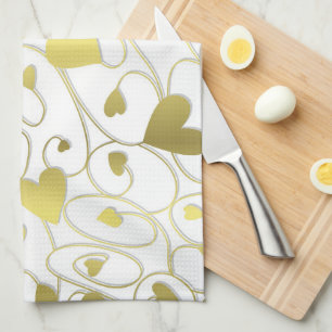 Gold curly hearts tea towel