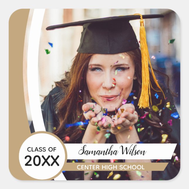 Gold Curved Frame Photo Graduation Square Sticker (Front)