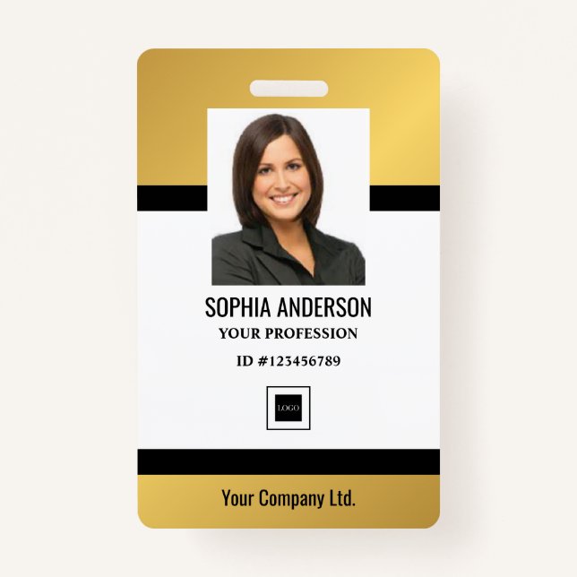 Gold | Custom Employee Photo, Bar Code, Logo, Name ID Badge (Front)