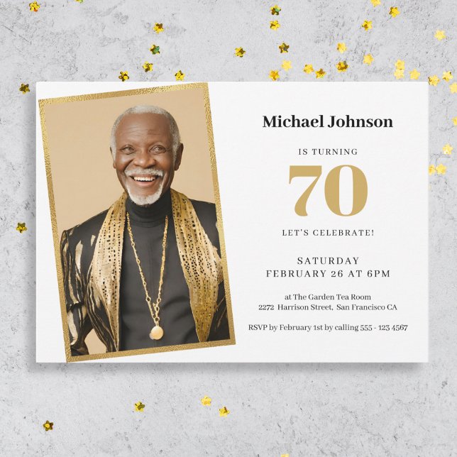Gold Custom Modern Simple Photo 70th Birthday  Invitation (Mockup View)