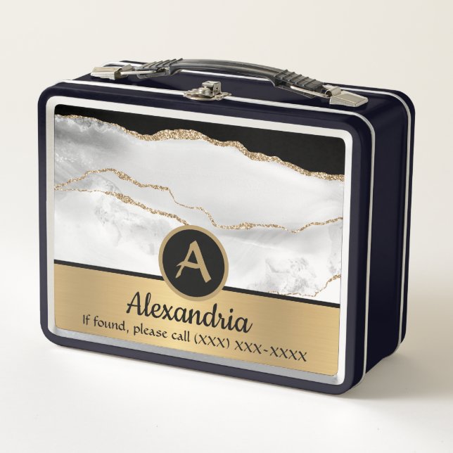 Gold Custom Monogram Black and White Luxury Chic  Metal Lunch Box (Front)