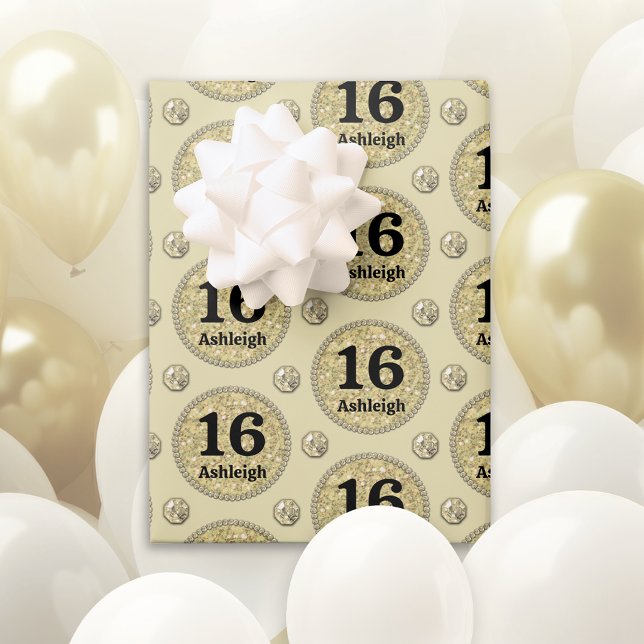 Gold Custom Name Age 16 Birthday Wrapping Paper Sheet (Creator Uploaded)