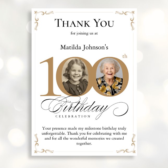 Gold Custom Photo 100th Birthday Thank You Card (Mockup View)