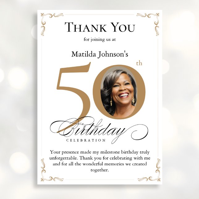 Gold Custom Photo 50th Birthday Thank You Card (Mockup View)