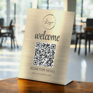 Gold Custom QR Code Menu Text Modern Business Pedestal Sign