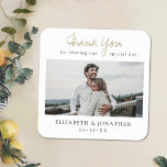 Gold Custom Wedding Coaster Favour with Photo<br><div class="desc">This simply chic wedding coaster features words of thanks above your favourite photo and your first names and date below it. We've chosen a warm, modern script for 'Thank You' and added 'for sharing our special day' underneath, with that line separated by the the loop of the 'Y', enhancing its...</div>