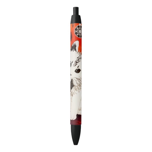 Gold Cute Cat Winter Christmas Baubles Black Ink Pen (Front Vertical)