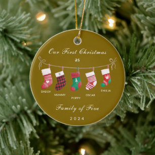 Gold Cute Family of 5 First Christmas Five Socks Ceramic Ornament