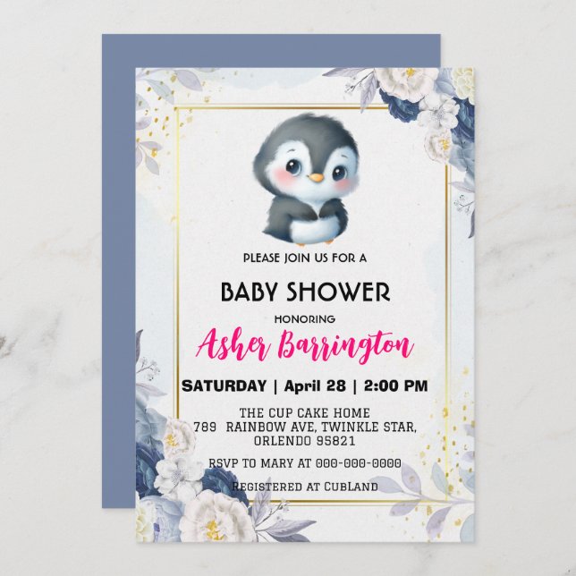 Gold Cute penguin Blue flower baby shower kids Invitation (Front/Back)