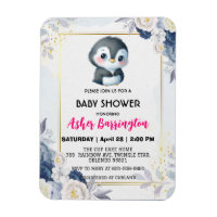 Gold Cute penguin Blue flower baby shower kids