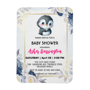 Gold Cute penguin Blue flower baby shower kids Magnet