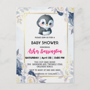 Gold Cute penguin Blue flower baby shower kids Postcard