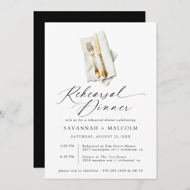 Gold Cutlery | Formal Script Rehearsal Dinner Invitation (Front/Back)