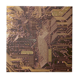 Gold Cyber Circuit Board Tech Art Electronics Ceramic Tile