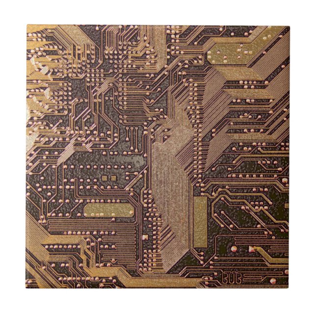 Gold Cyber Circuit Board Tech Art Electronics Ceramic Tile (Front)