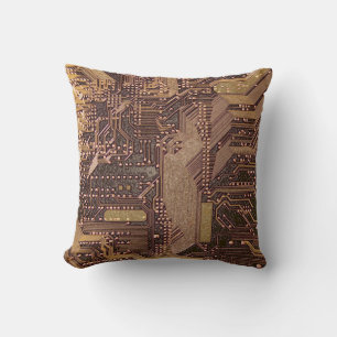 Gold Cyber Circuit Board Tech Art Electronics Cushion