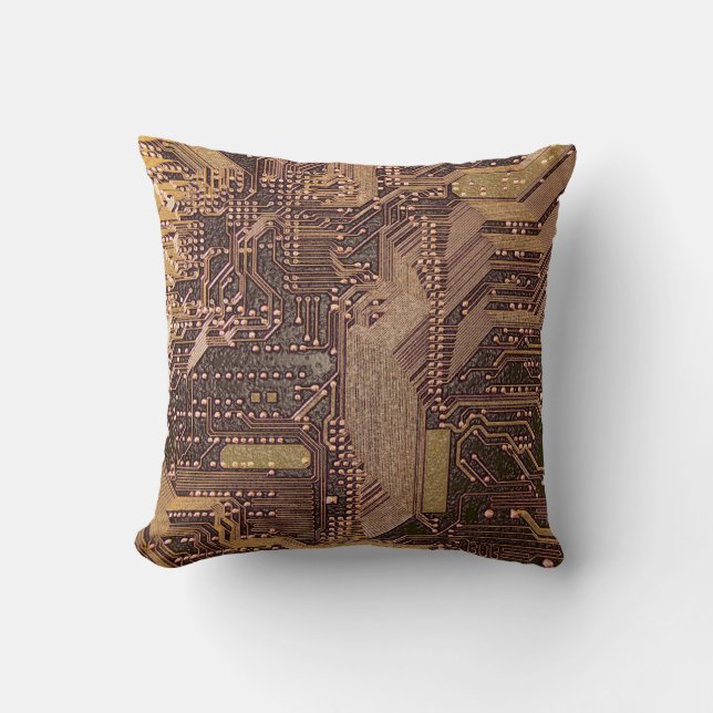 Gold Cyber Circuit Board Tech Art Electronics Cushion (Front)