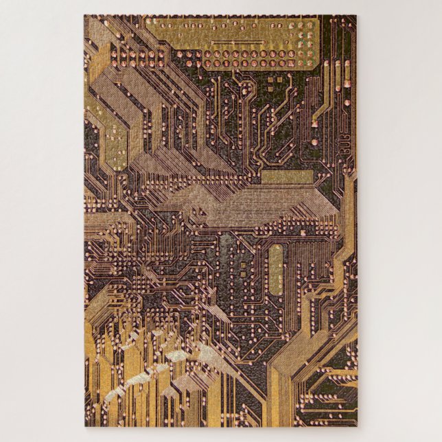 Gold Cyber Circuit Board Tech Art Electronics Jigsaw Puzzle (Vertical)