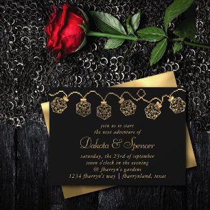 Gold D20 Lights   Retro Gamer Taupe Brown Wedding Invitation