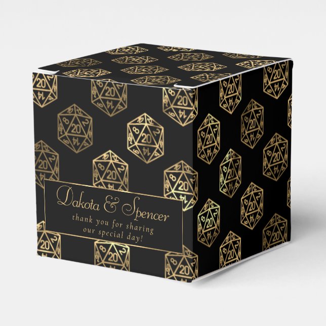 Gold D20 Pattern | Tabletop Role Player Thank You Favour Box (Front Side)