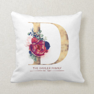 Gold D Monogram Floral Burgundy Red and Navy Blue Cushion