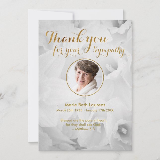 Gold Daffodils Sympathy Thank You Card with Photo (Front)