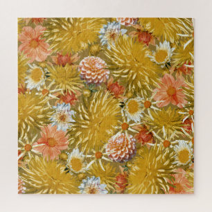Gold dahlia flowers, vintage floral design. jigsaw puzzle