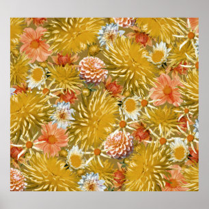 Gold dahlia flowers, vintage floral design. poster