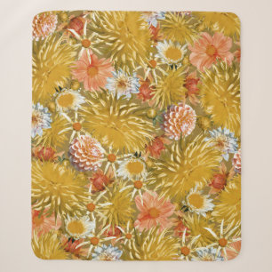 Gold dahlia flowers, vintage floral design. sherpa blanket