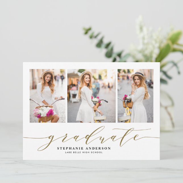 Gold Dainty Script Three Photo Graduation Announcement (Standing Front)