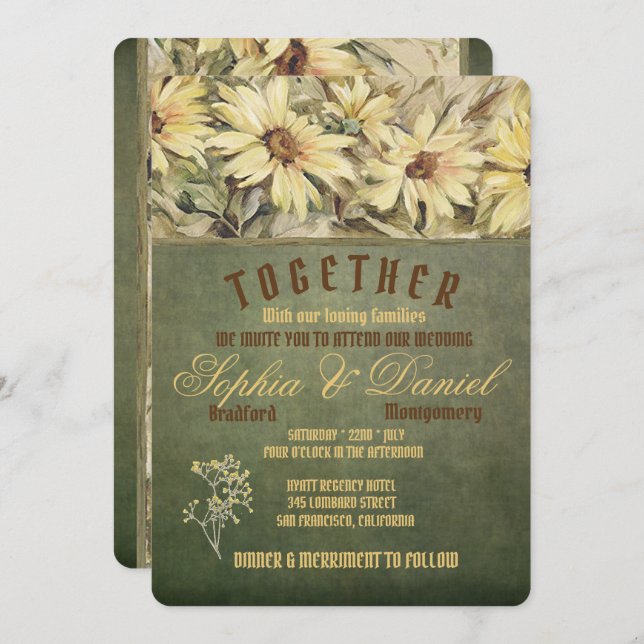 Gold Daisies On Sage Wedding Invitations (Front/Back)