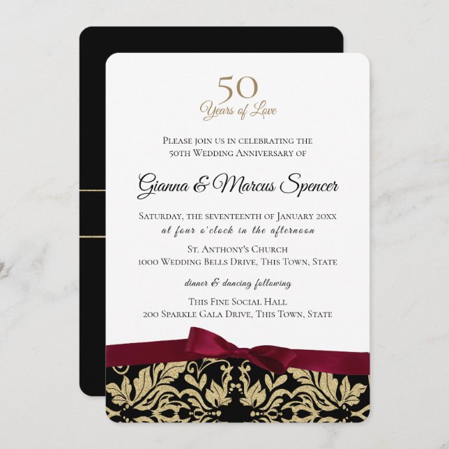 Gold Damask 50th Anniversary Invitation (Front/Back)