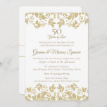 Gold Damask 50th Anniversary Invitation<br><div class="desc">Romantic gold and white damask  invitation decorated on both top and bottom with majestic gold name emblem on back.  Classic,  formal style text and my own hand drawn artwork for a unique and beautiful 50th Anniversary invitation set.</div>