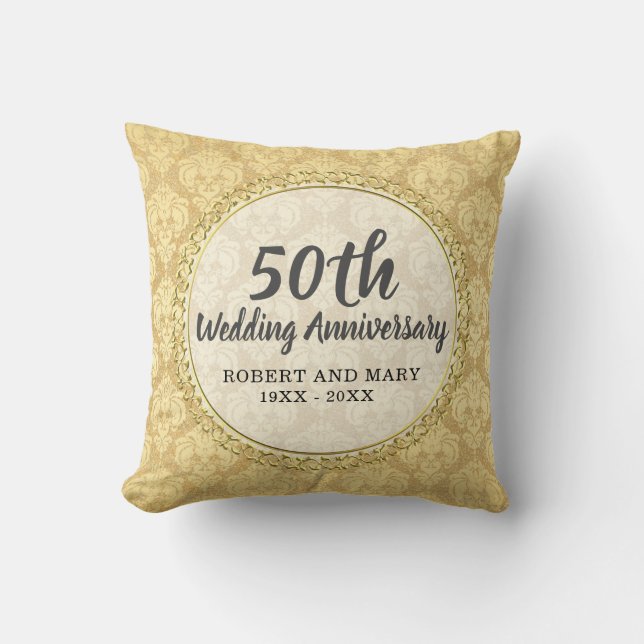 Gold Damask 50th Wedding Anniversary Gift Cushion (Front)
