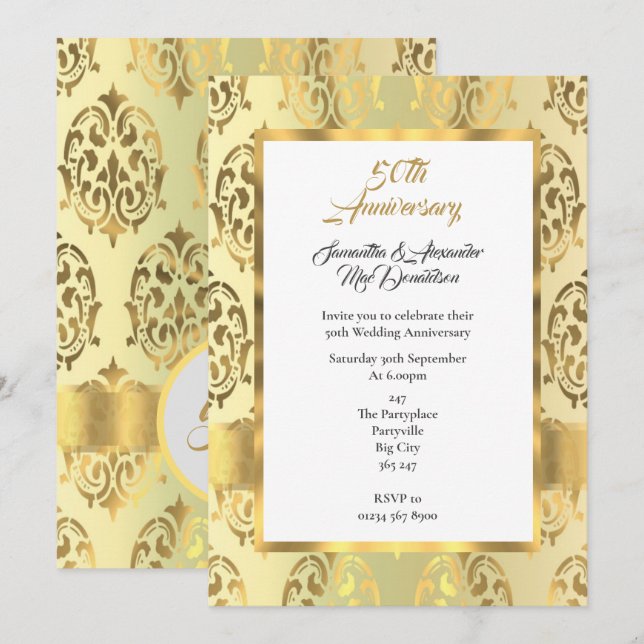Gold damask 50th wedding anniversary invitation (Front/Back)