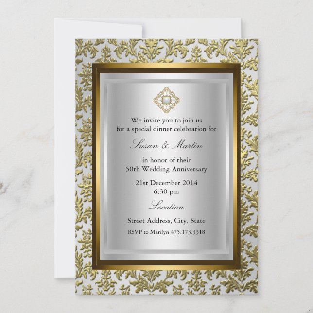 Gold Damask 50th Wedding Anniversary Invitation (Front)