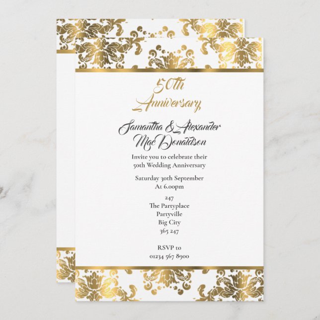 Gold damask 50th wedding anniversary invitation (Front/Back)