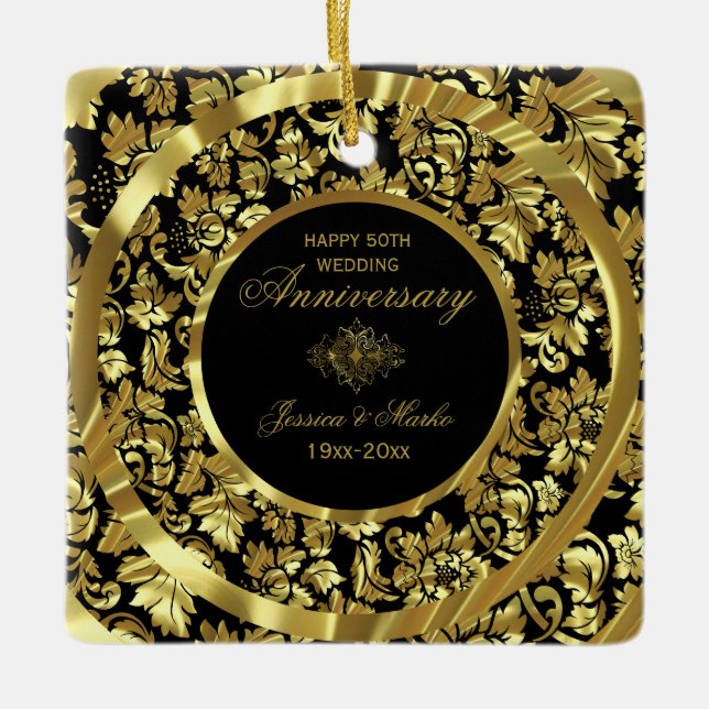 Gold Damask And Black Background 50th Anniversary Ceramic Tree Decoration (Front)