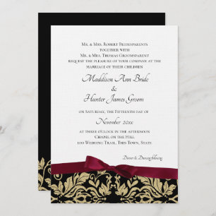 Gold Damask and Burgundy Bow Wedding Invitation