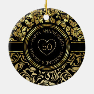 Gold Damask And Gold- Black Hearts Ceramic Ornament