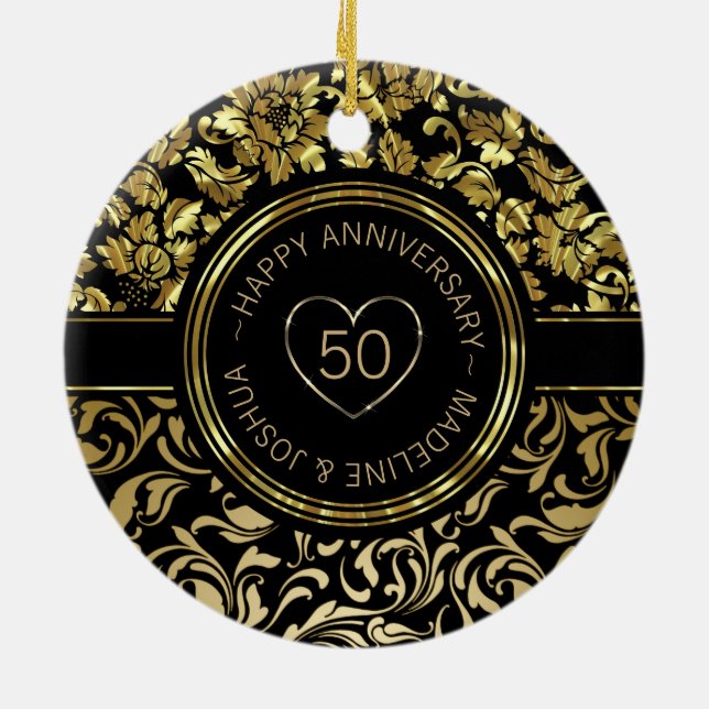 Gold Damask And Gold- Black Hearts Ceramic Ornament (Back)