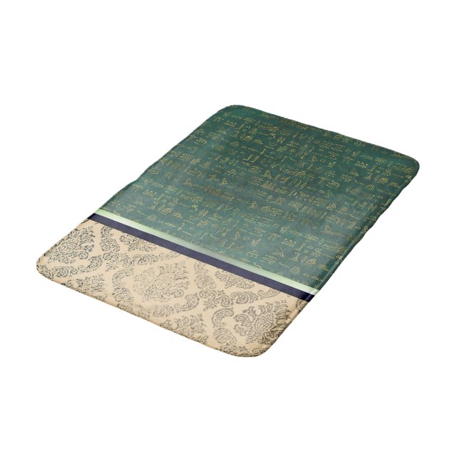 Gold Damask and Green  Egyptian Hieroglyphs  Bath Mat (Angled)